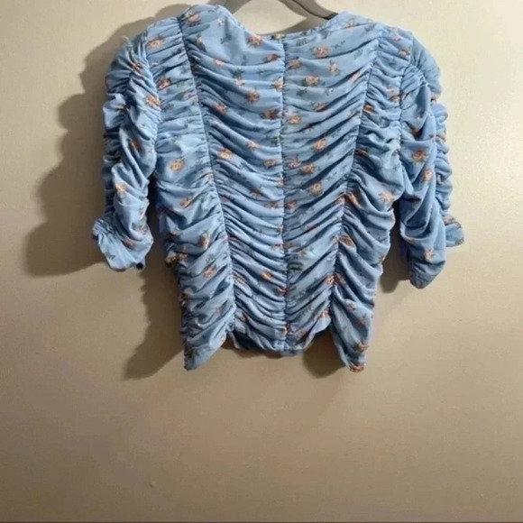 Zara Blue Tulle Flower Print V Neck Blouse 0003/416 - Picture 4 of 6